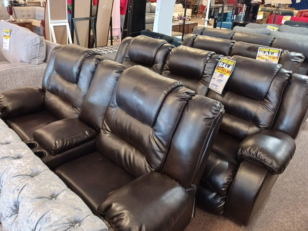 Brown leather sofa loveseat with console cup holder JMD Furniture
