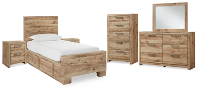 Hyanna Twin Panel Bed with Storage with Mirrored Dresser, Chest and 2 Nightstands