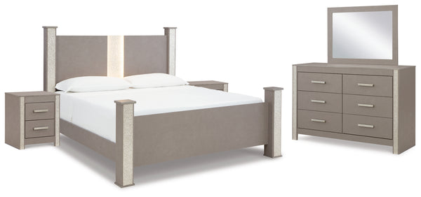 Surancha King Poster Bed with Mirrored Dresser and 2 Nightstands