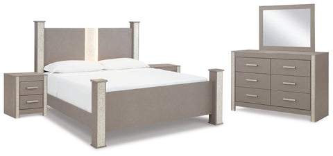 Surancha King Poster Bed with Mirrored Dresser and 2 Nightstands
