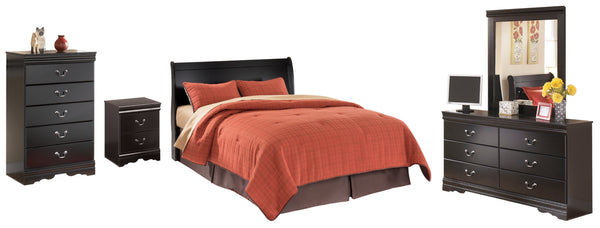 Huey Vineyard Queen Sleigh Headboard Bed with Mirrored Dresser, Chest and Nightstand