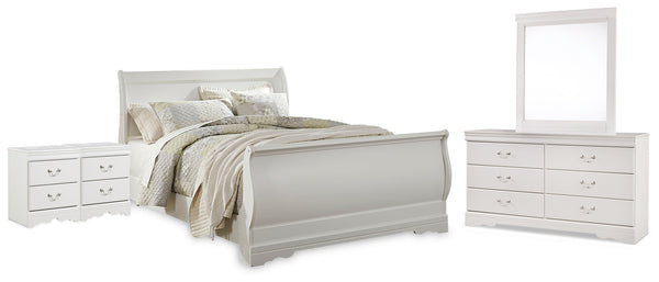 Anarasia Queen Sleigh Bed with Mirrored Dresser and 2 Nightstands