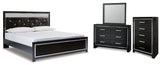 Kaydell King Upholstered Panel Bed with Mirrored Dresser and Chest