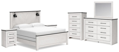 Schoenberg King Panel Bed with Mirrored Dresser, Chest and 2 Nightstands