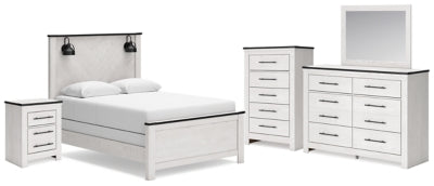 Schoenberg Queen Panel Bed with Mirrored Dresser, Chest and Nightstand