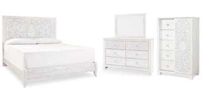 Paxberry King Panel Bed with Mirrored Dresser and Chest