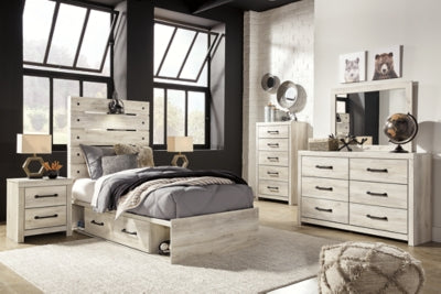 Cambeck Twin Panel Bed with 2 Storage Drawers with Mirrored Dresser, Chest and 2 Nightstands