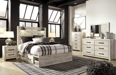 Cambeck Queen Panel Bed with 2 Storage Drawers with Mirrored Dresser, Chest and 2 Nightstands