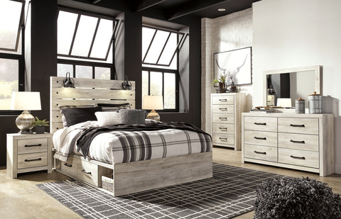 Cambeck King Panel Bed with 2 Storage Drawers with Mirrored Dresser, Chest and 2 Nightstands