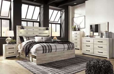 Cambeck King Panel Bed with 4 Storage Drawers with Mirrored Dresser, Chest and 2 Nightstands
