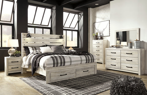 Cambeck King Panel Bed with 2 Storage Drawers with Mirrored Dresser, Chest and Nightstand
