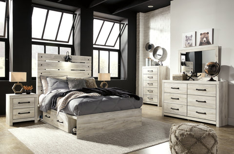 Cambeck Full Panel Bed with 2 Storage Drawers with Mirrored Dresser, Chest and 2 Nightstands