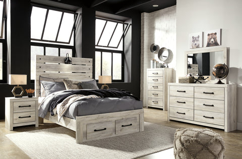 Cambeck Full Panel Bed with 2 Storage Drawers with Mirrored Dresser, Chest and 2 Nightstands