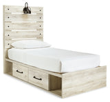 Cambeck Twin Panel Bed with 2 Storage Drawers with Mirrored Dresser and 2 Nightstands