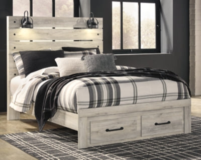 Cambeck Queen Panel Bed with 2 Storage Drawers with Mirrored Dresser