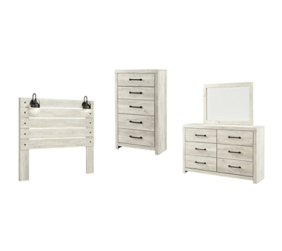 Cambeck Queen Panel Headboard Bed with Mirrored Dresser and Chest