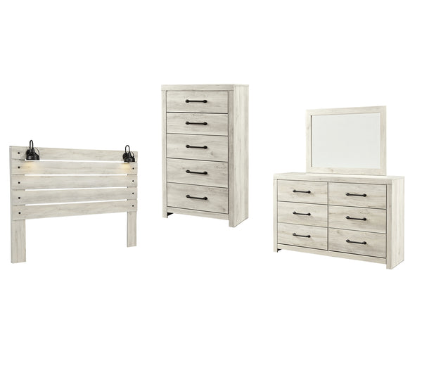 Cambeck King Panel Headboard Bed with Mirrored Dresser, Chest and Nightstand