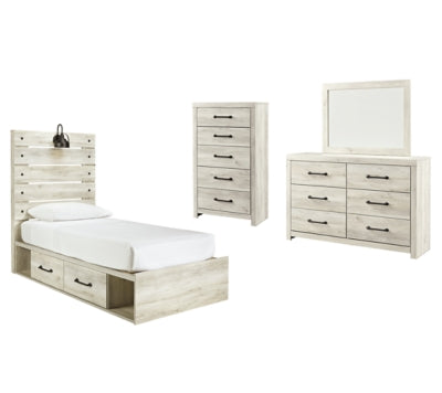 Cambeck Twin Panel Bed with 2 Storage Drawers with Mirrored Dresser and Chest