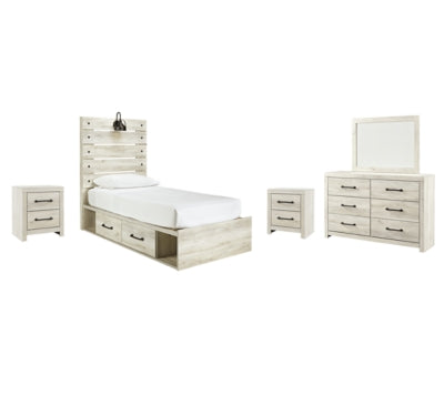 Cambeck Twin Panel Bed with 2 Storage Drawers with Mirrored Dresser and 2 Nightstands