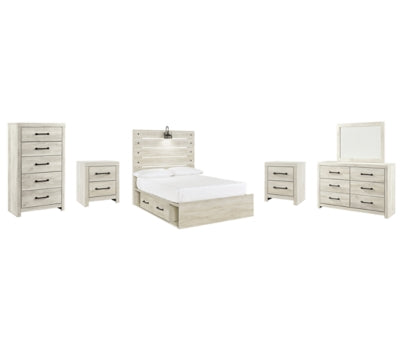 Cambeck Full Panel Bed with 2 Storage Drawers with Mirrored Dresser, Chest and 2 Nightstands