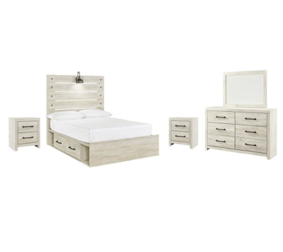 Cambeck Full Panel Bed with 2 Storage Drawers with Mirrored Dresser and 2 Nightstands