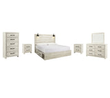 Cambeck King Panel Bed with 2 Storage Drawers with Mirrored Dresser, Chest and 2 Nightstands