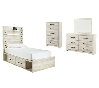 Cambeck Twin Panel Bed with 4 Storage Drawers with Mirrored Dresser and Chest