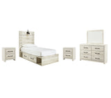Cambeck Twin Panel Bed with 4 Storage Drawers with Mirrored Dresser and 2 Nightstands