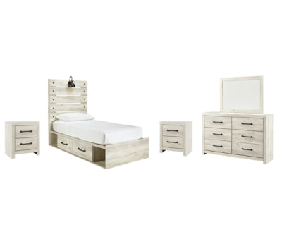 Cambeck Twin Panel Bed with 4 Storage Drawers with Mirrored Dresser and 2 Nightstands