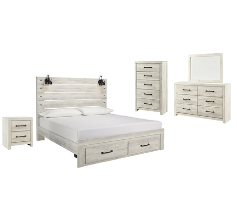 Cambeck King Panel Bed with 2 Storage Drawers with Mirrored Dresser, Chest and Nightstand