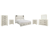 Cambeck King Panel Bed with 2 Storage Drawers with Mirrored Dresser, Chest and 2 Nightstands