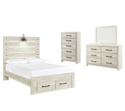 Cambeck Full Panel Bed with 2 Storage Drawers with Mirrored Dresser and Chest