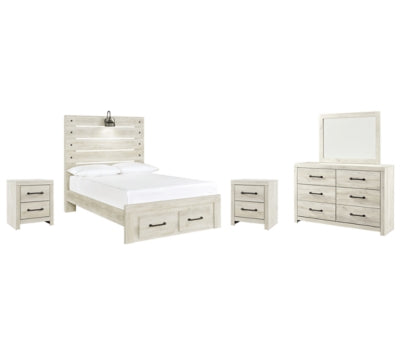 Cambeck Full Panel Bed with 2 Storage Drawers with Mirrored Dresser and 2 Nightstands