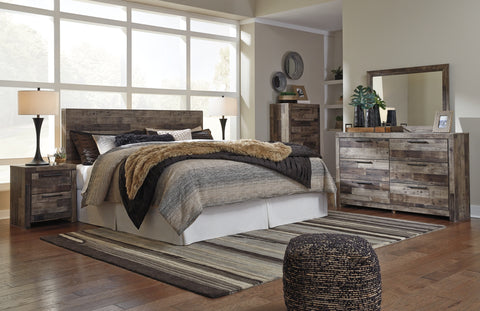 Derekson King Panel Headboard Bed with Mirrored Dresser, Chest and Nightstand