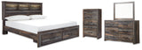 Drystan King Bookcase Bed with 2 Storage Drawers with Mirrored Dresser and Chest