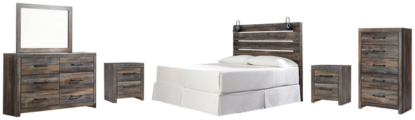 Drystan King Panel Headboard Bed with Mirrored Dresser, Chest and 2 Nightstands
