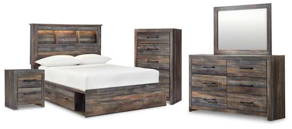 Drystan Full Bookcase Bed with 2 Storage Drawers with Mirrored Dresser, Chest and Nightstand