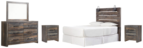 Drystan Queen Panel Headboard Bed with Mirrored Dresser and 2 Nightstands