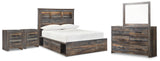 Drystan Full Bookcase Bed with 2 Storage Drawers with Mirrored Dresser and 2 Nightstands