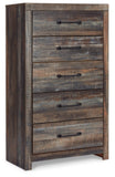 Drystan King Panel Headboard Bed with Mirrored Dresser, Chest and 2 Nightstands