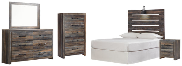 Drystan Full Panel Headboard Bed with Mirrored Dresser, Chest and Nightstand