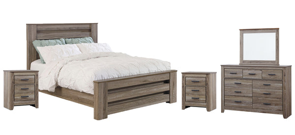 Zelen Queen Panel Bed with Mirrored Dresser and 2 Nightstands