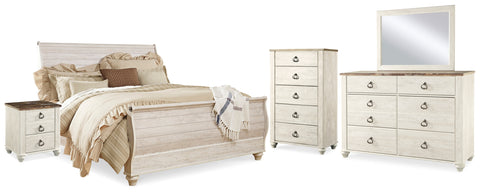 Willowton King Sleigh Bed with Mirrored Dresser, Chest and 2 Nightstands