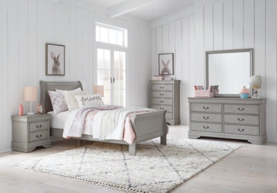 Kordasky Twin Sleigh Bed with Mirrored Dresser, Chest and 2 Nightstands