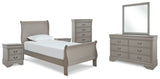 Kordasky Twin Sleigh Bed with Mirrored Dresser, Chest and 2 Nightstands