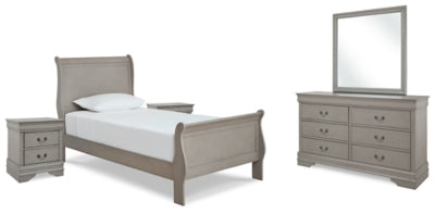 Kordasky Twin Sleigh Bed with Mirrored Dresser and 2 Nightstands