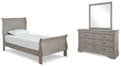 Kordasky Twin Sleigh Bed with Mirrored Dresser