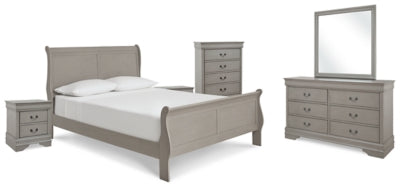 Kordasky Queen Sleigh Bed with Mirrored Dresser, Chest and 2 Nightstands