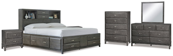 Caitbrook Queen Storage Bed with 8 Storage Drawers with Mirrored Dresser, Chest and 2 Nightstands