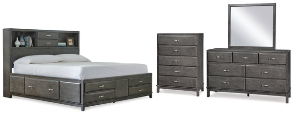 Caitbrook Queen Storage Bed with 8 Storage Drawers with Mirrored Dresser and Chest